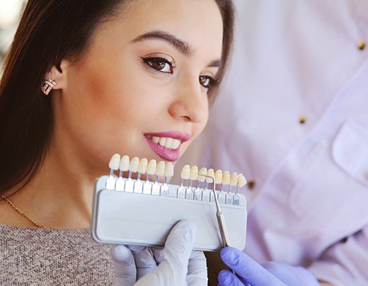 Woman's smile compared to porcelain veneer shade chart